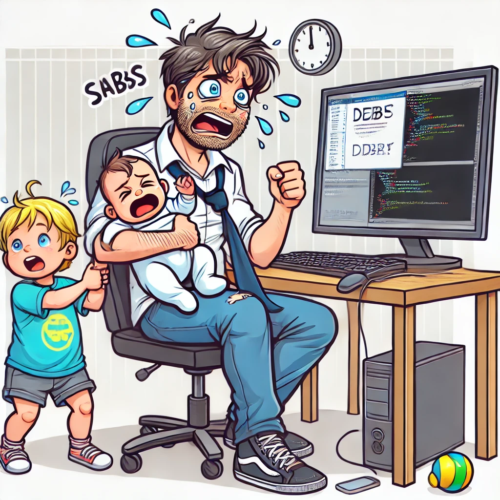 Cartoon of a stressed man working on computer while managing kids