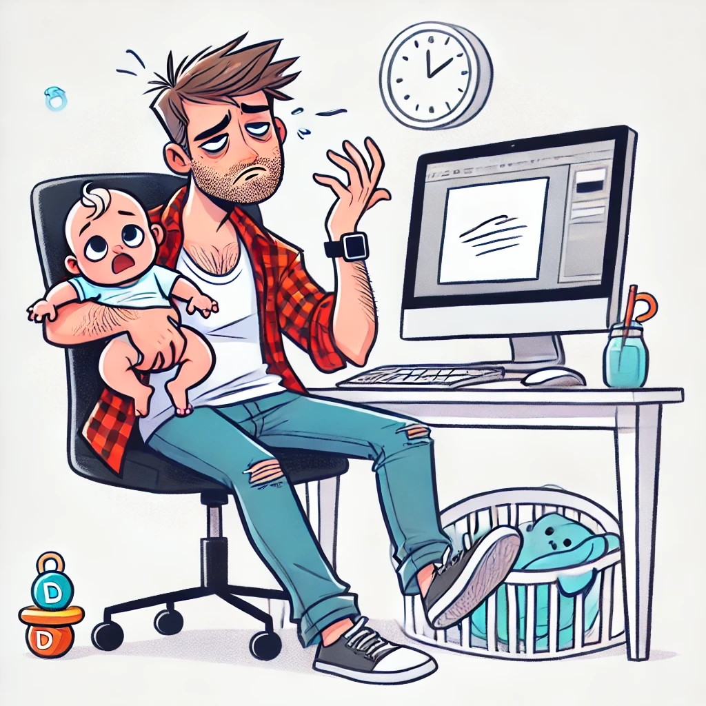 Cartoon of a stressed man working on computer while managing kids