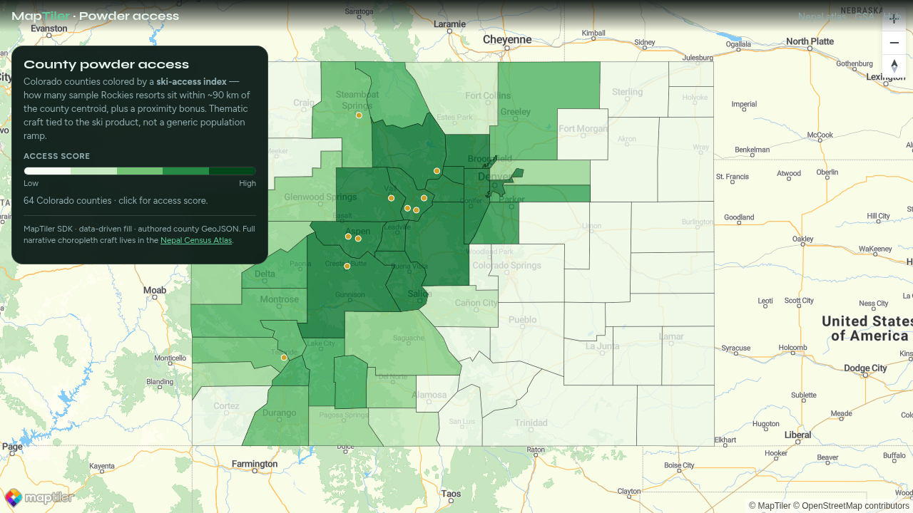 Colorado county powder access choropleth